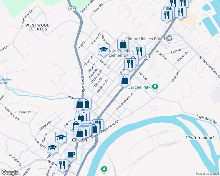 map of restaurants, bars, coffee shops, grocery stores, and more near 709 Fowler Street in Clinton
