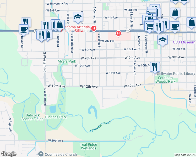 map of restaurants, bars, coffee shops, grocery stores, and more near 1110 South Walnut Street in Stillwater