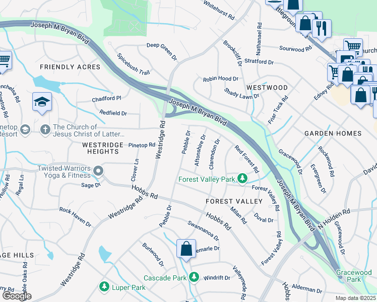 map of restaurants, bars, coffee shops, grocery stores, and more near 2111 Pebble Drive in Greensboro