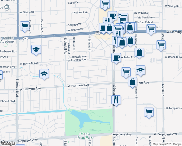 map of restaurants, bars, coffee shops, grocery stores, and more near 5080 Indian River Drive in Las Vegas