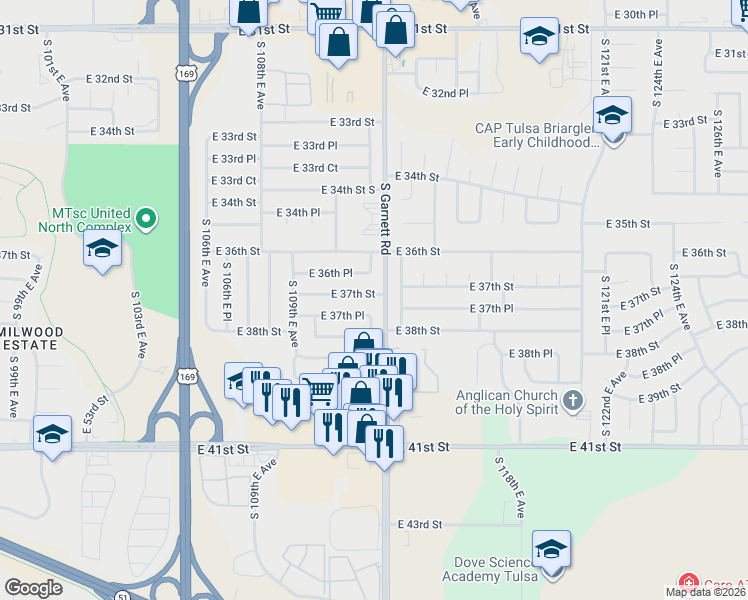 map of restaurants, bars, coffee shops, grocery stores, and more near 10980 East 37th Street in Tulsa