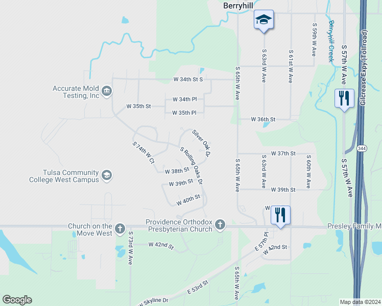 map of restaurants, bars, coffee shops, grocery stores, and more near 3727 South Rolling Oaks Drive in Tulsa