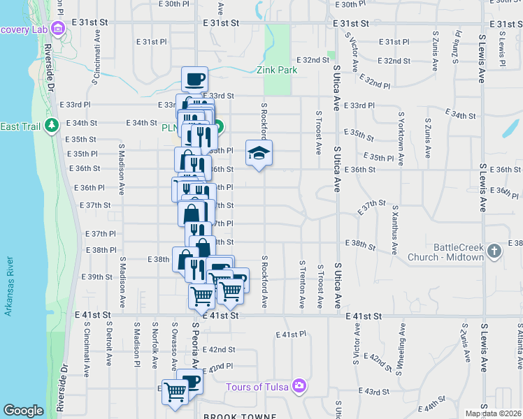map of restaurants, bars, coffee shops, grocery stores, and more near 1440 East 37th Street in Tulsa