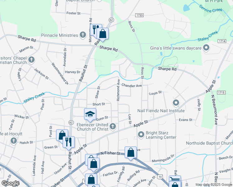 map of restaurants, bars, coffee shops, grocery stores, and more near 904 Richmond Avenue in Burlington
