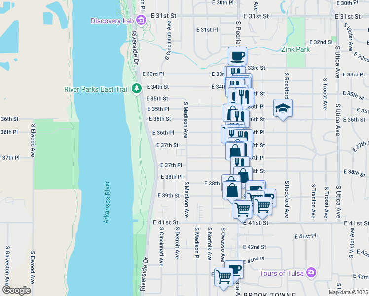map of restaurants, bars, coffee shops, grocery stores, and more near 3708 South Madison Avenue in Tulsa