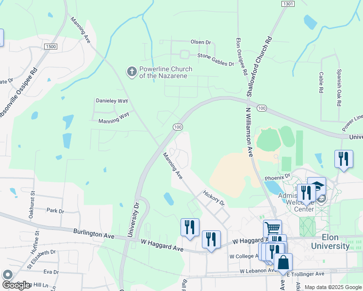 map of restaurants, bars, coffee shops, grocery stores, and more near 489 Blakely Hall Lane in Elon