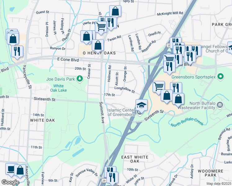 map of restaurants, bars, coffee shops, grocery stores, and more near 1611 17th Street in Greensboro