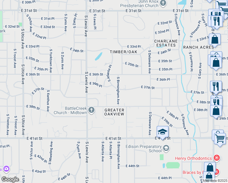 map of restaurants, bars, coffee shops, grocery stores, and more near 3704 South Birmingham Avenue in Tulsa