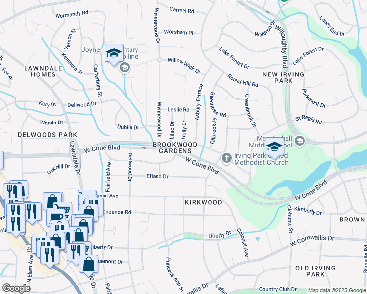 map of restaurants, bars, coffee shops, grocery stores, and more near 2700 Holly Dr in Greensboro
