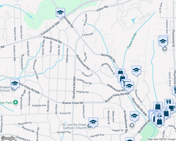 map of restaurants, bars, coffee shops, grocery stores, and more near 1916 Robinhood Road in Winston-Salem