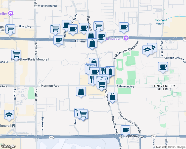 map of restaurants, bars, coffee shops, grocery stores, and more near 4455 Paradise Road in Las Vegas
