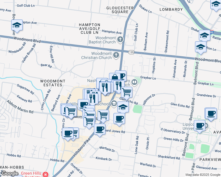 map of restaurants, bars, coffee shops, grocery stores, and more near 2101 Crestmoor Road in Nashville