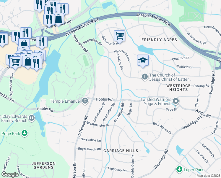map of restaurants, bars, coffee shops, grocery stores, and more near 1906 Basset Trail in Greensboro