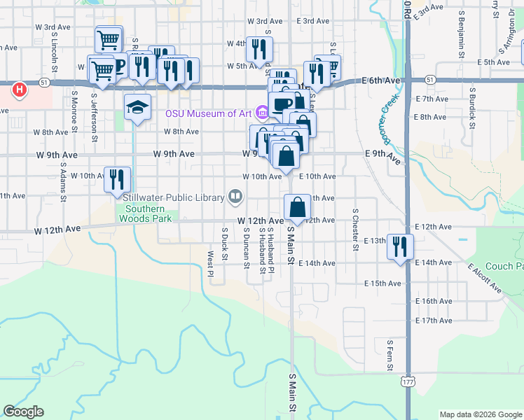 map of restaurants, bars, coffee shops, grocery stores, and more near 1112 South Husband Street in Stillwater