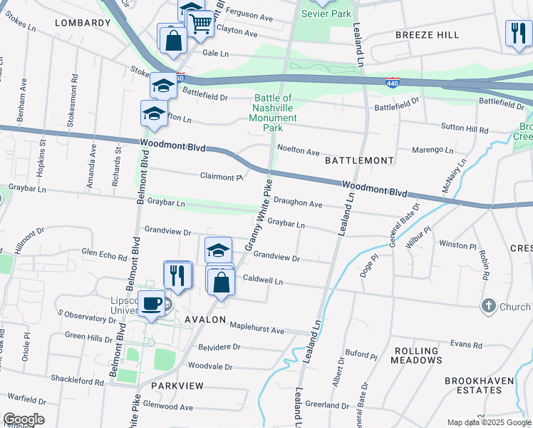 map of restaurants, bars, coffee shops, grocery stores, and more near 1116B Graybar Lane in Nashville