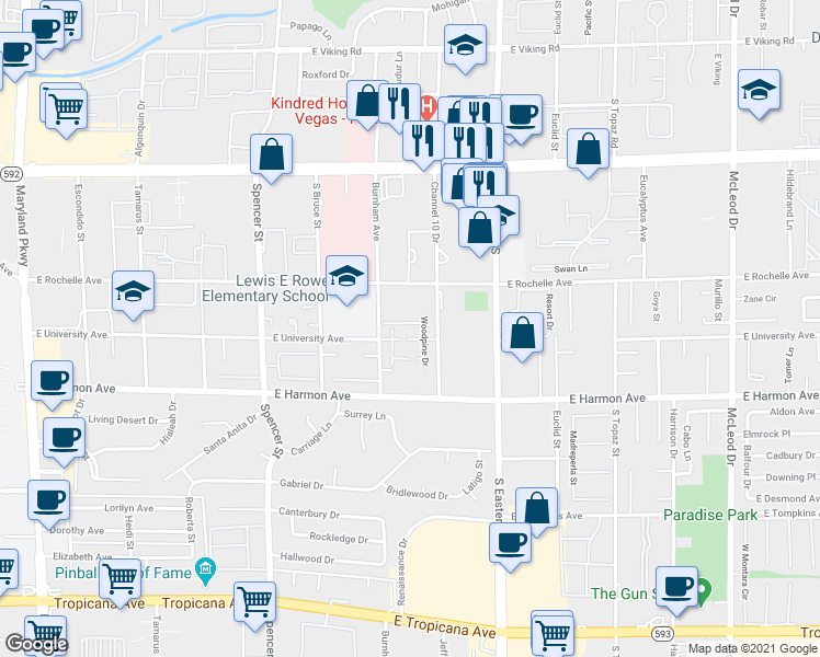 map of restaurants, bars, coffee shops, grocery stores, and more near 2210 East University Avenue in Las Vegas