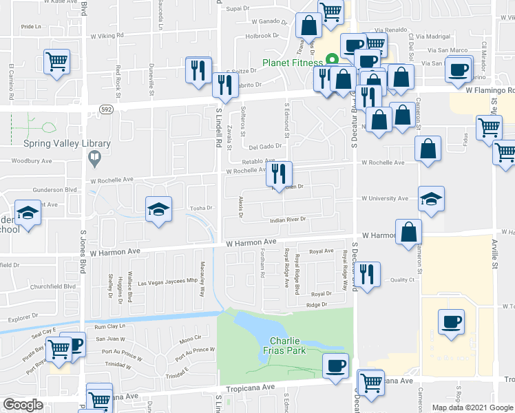 map of restaurants, bars, coffee shops, grocery stores, and more near 5200 Indian River Drive in Las Vegas