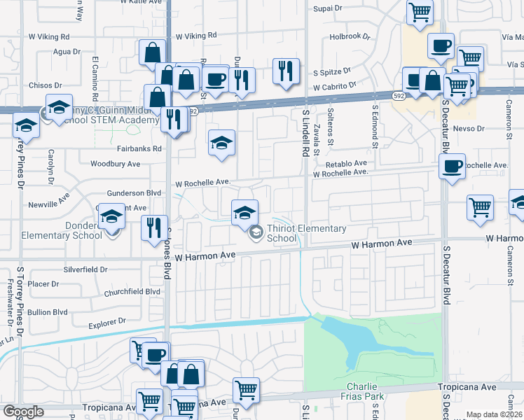 map of restaurants, bars, coffee shops, grocery stores, and more near 5675 West Rochelle Avenue in Las Vegas
