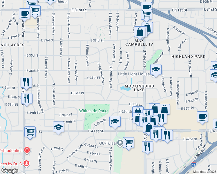 map of restaurants, bars, coffee shops, grocery stores, and more near 3707 South Richmond Avenue in Tulsa