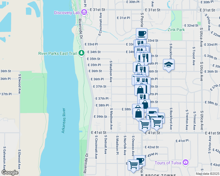 map of restaurants, bars, coffee shops, grocery stores, and more near 3708 South Madison Avenue in Tulsa