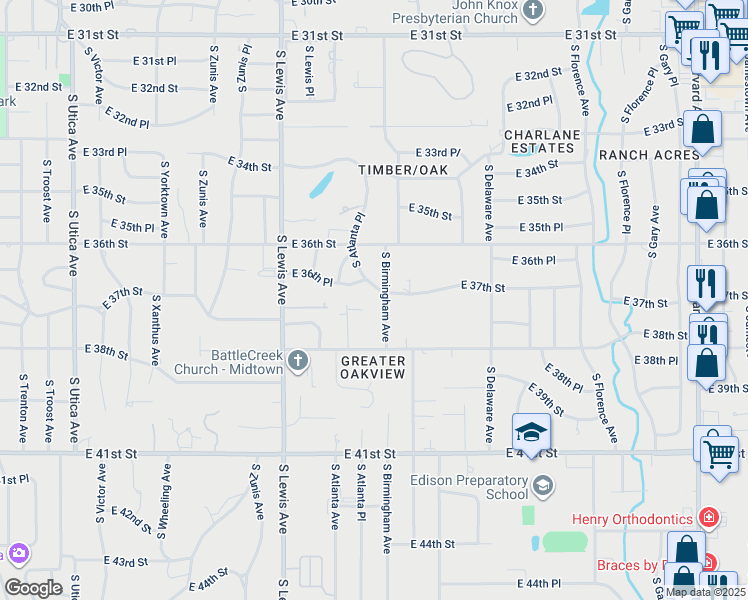 map of restaurants, bars, coffee shops, grocery stores, and more near 3704 South Birmingham Avenue in Tulsa
