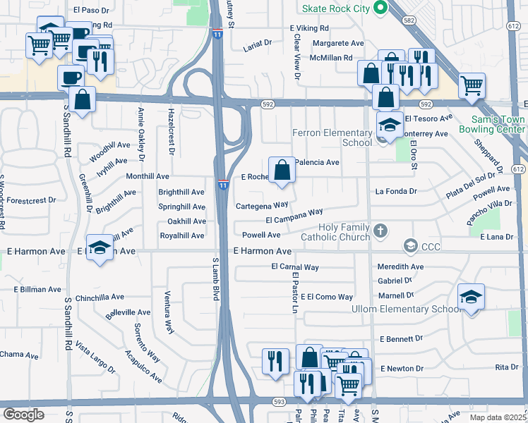 map of restaurants, bars, coffee shops, grocery stores, and more near 4319 Cartegena Way in Las Vegas
