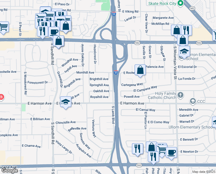 map of restaurants, bars, coffee shops, grocery stores, and more near 4389 Bluecrest Road in Las Vegas