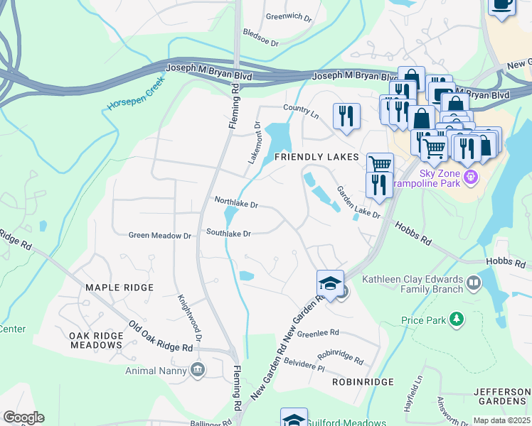 map of restaurants, bars, coffee shops, grocery stores, and more near 5705 Northlake Drive in Greensboro