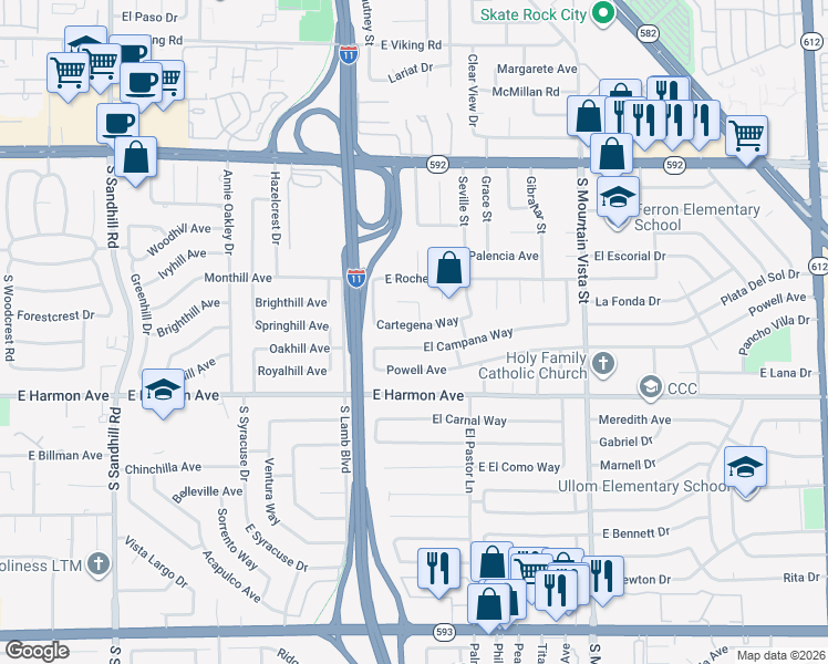 map of restaurants, bars, coffee shops, grocery stores, and more near 4319 Cartegena Way in Las Vegas