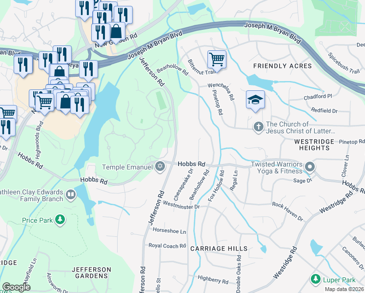 map of restaurants, bars, coffee shops, grocery stores, and more near 1200 Jefferson Road in Greensboro