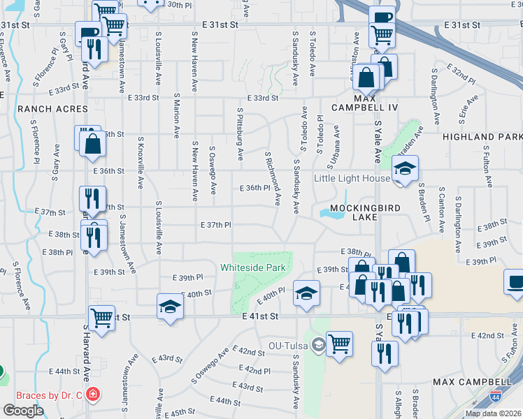 map of restaurants, bars, coffee shops, grocery stores, and more near 4144 East 37th Street in Tulsa