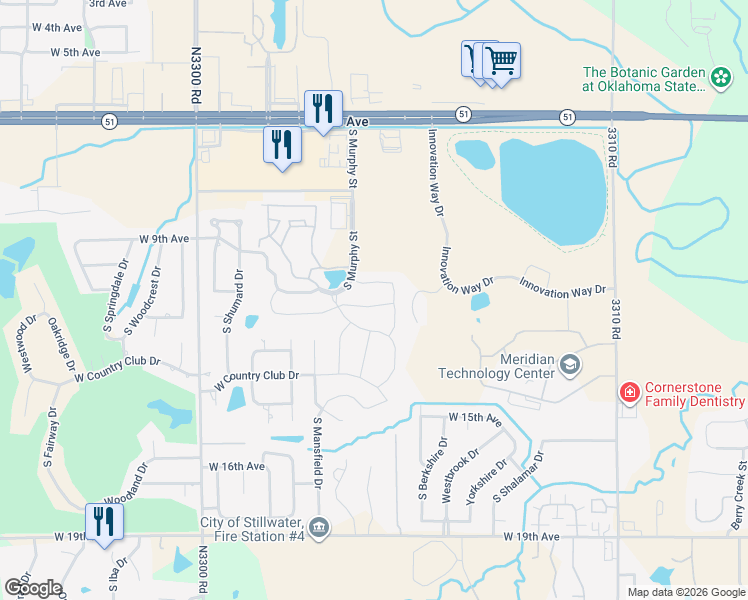 map of restaurants, bars, coffee shops, grocery stores, and more near 4312 Prescot Drive in Stillwater