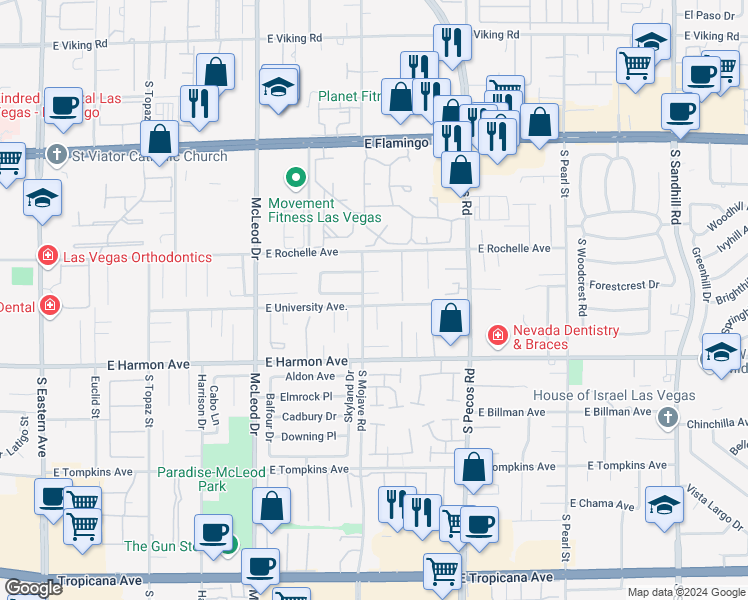 map of restaurants, bars, coffee shops, grocery stores, and more near 3217 Robin Circle in Las Vegas