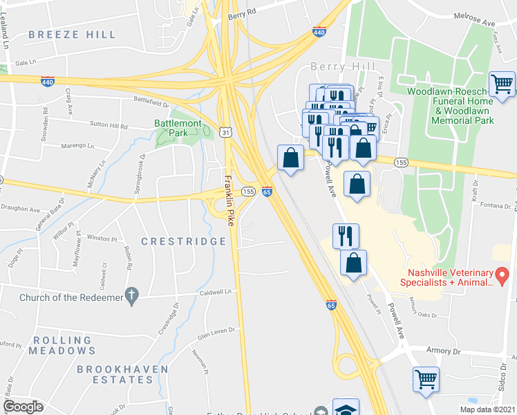 map of restaurants, bars, coffee shops, grocery stores, and more near 3506 Franklin Pike in Nashville