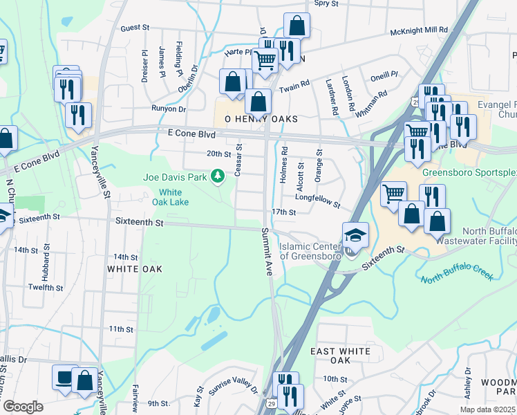 map of restaurants, bars, coffee shops, grocery stores, and more near 1513 17th Street in Greensboro