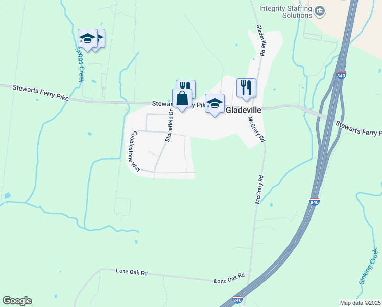 map of restaurants, bars, coffee shops, grocery stores, and more near 383 Cobblestone Way in Mt. Juliet