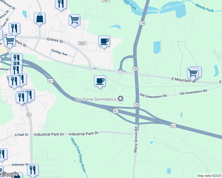 map of restaurants, bars, coffee shops, grocery stores, and more near 1110 Snow Bridge Lane in Kernersville