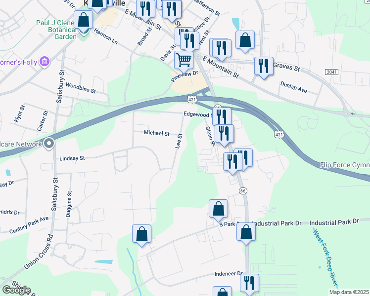 map of restaurants, bars, coffee shops, grocery stores, and more near 809 Lee Street in Kernersville