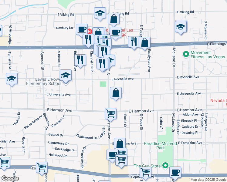 map of restaurants, bars, coffee shops, grocery stores, and more near 4386 S Eastern Ave in Las Vegas