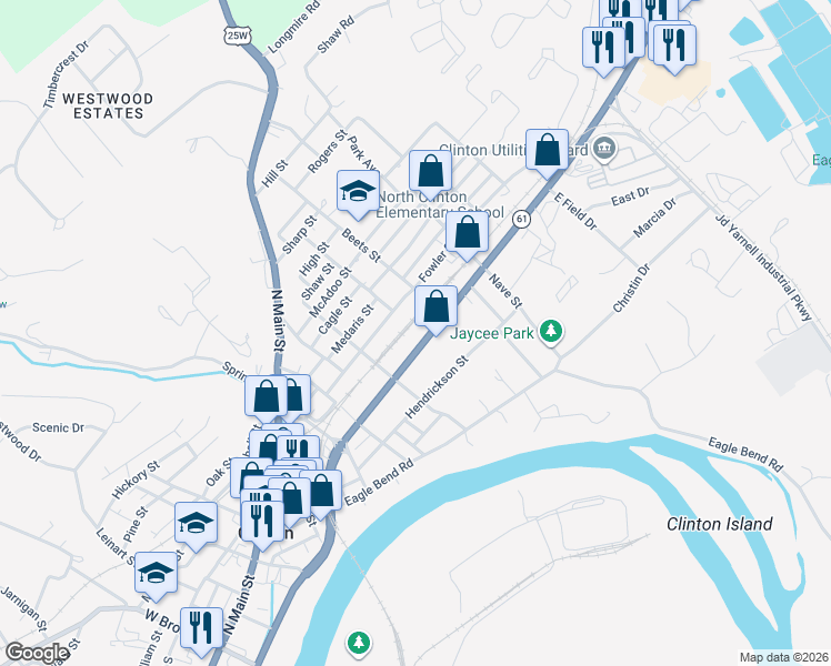 map of restaurants, bars, coffee shops, grocery stores, and more near 730 North Charles G Seivers Boulevard in Clinton