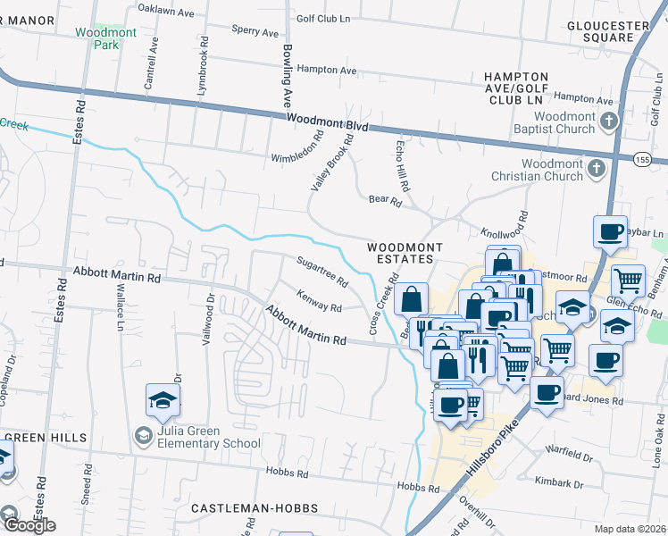 map of restaurants, bars, coffee shops, grocery stores, and more near 2830 Sugar Tree Road in Nashville