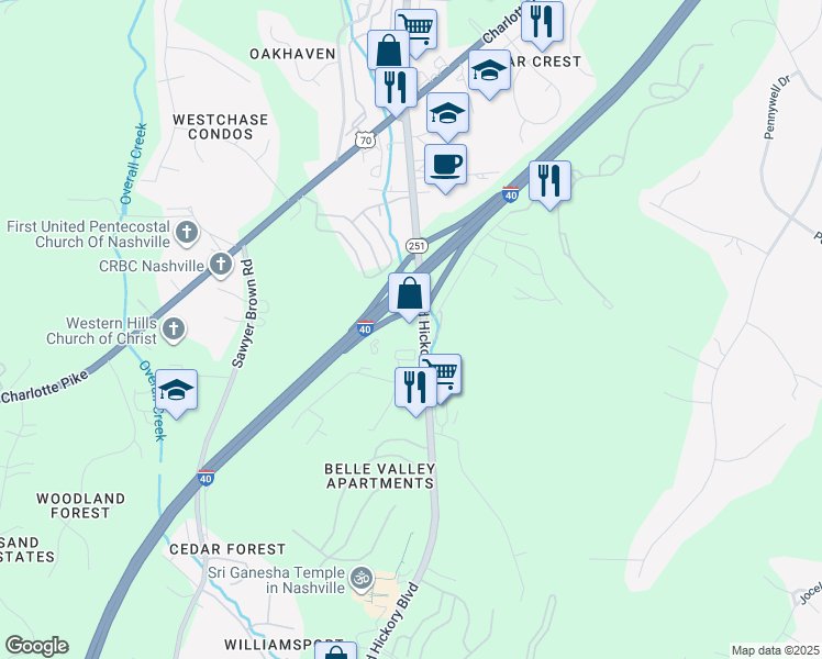 map of restaurants, bars, coffee shops, grocery stores, and more near 629 Old Hickory Boulevard in Nashville