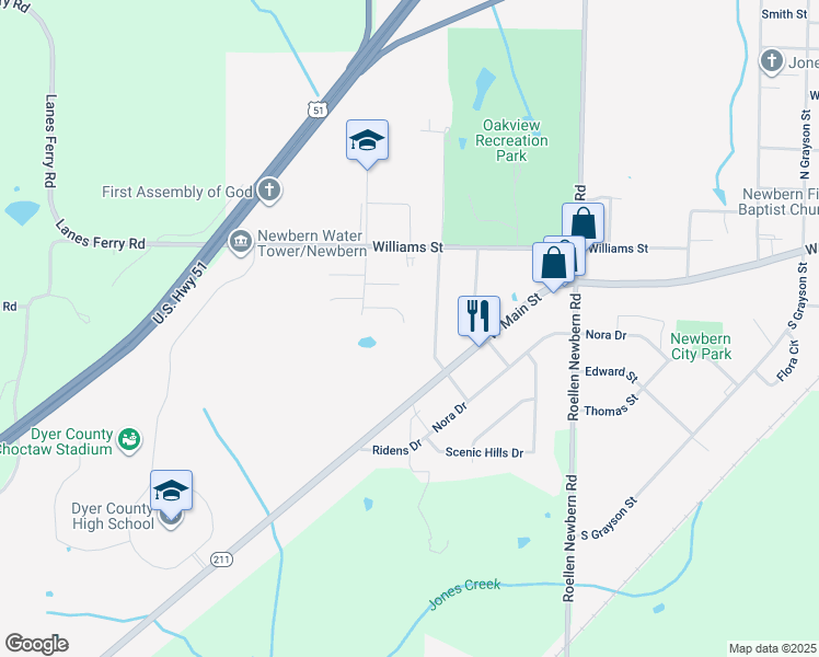 map of restaurants, bars, coffee shops, grocery stores, and more near 887 Torrey Pine Cove in Newbern