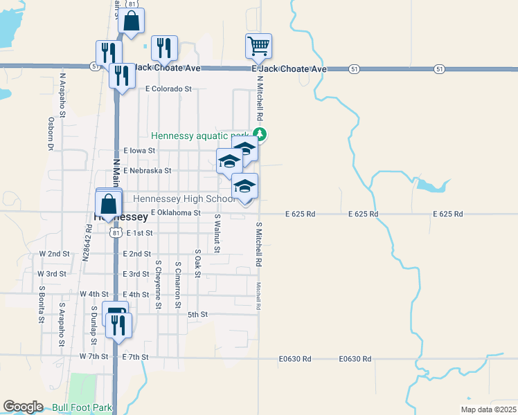 map of restaurants, bars, coffee shops, grocery stores, and more near 130 North Mitchell Road in Hennessey