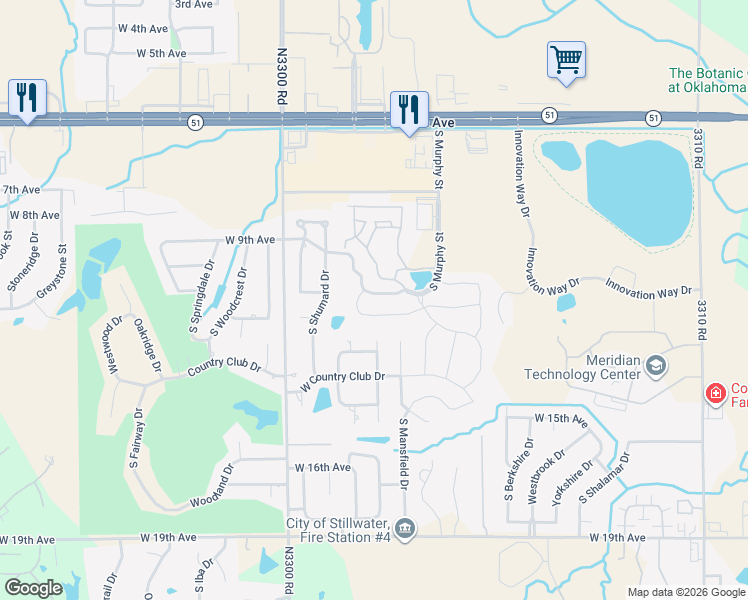map of restaurants, bars, coffee shops, grocery stores, and more near 4515 West Aggie Drive in Stillwater
