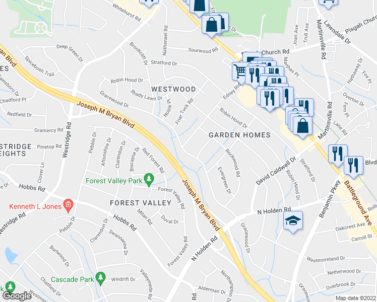 map of restaurants, bars, coffee shops, grocery stores, and more near 2104 Gracewood Drive in Greensboro