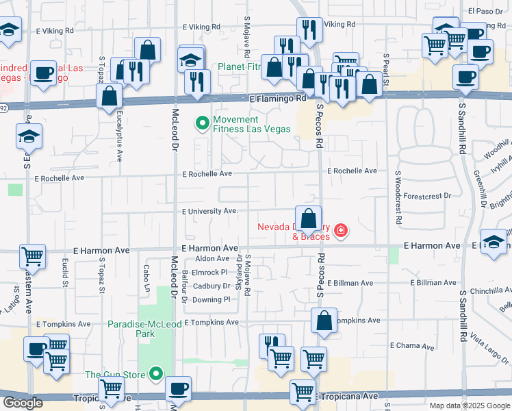 map of restaurants, bars, coffee shops, grocery stores, and more near 3217 Robin Circle in Las Vegas
