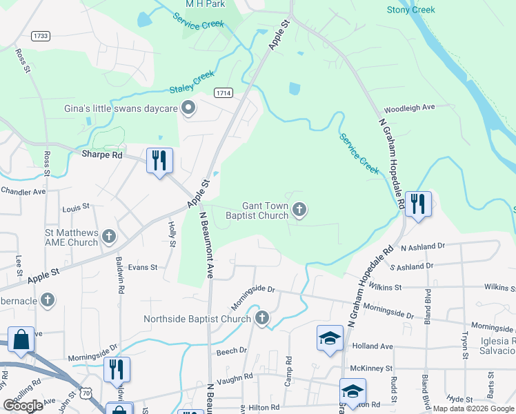 map of restaurants, bars, coffee shops, grocery stores, and more near 606 Pinnix Road in Burlington