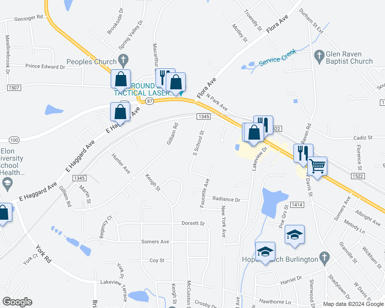 map of restaurants, bars, coffee shops, grocery stores, and more near 215 South School Street in Burlington