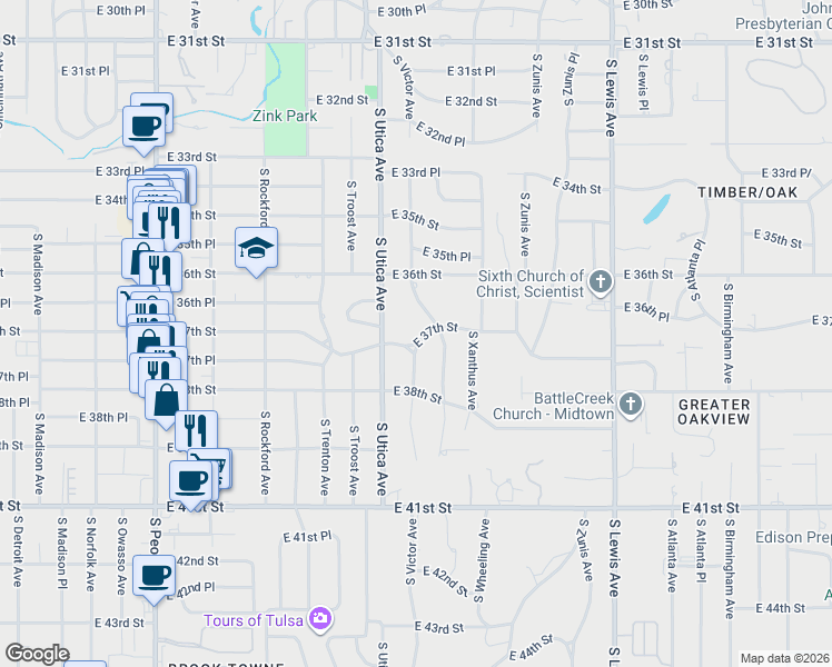 map of restaurants, bars, coffee shops, grocery stores, and more near 1807 East 37th Street in Tulsa